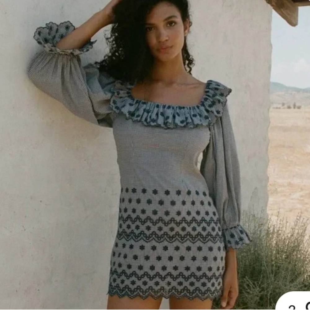 Doen Franique Azure Paris Gingham Navy Blue Ruffle Mini Dress Embroidered Eyelet